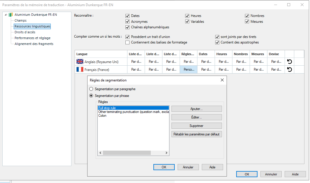 Trados Studio translation memory settings for Aluminium Dunkerque FR-EN showing language pairs English (United Kingdom) and French (France) with segmentation rules including full stop rule, other terminating punctuation, and colon.