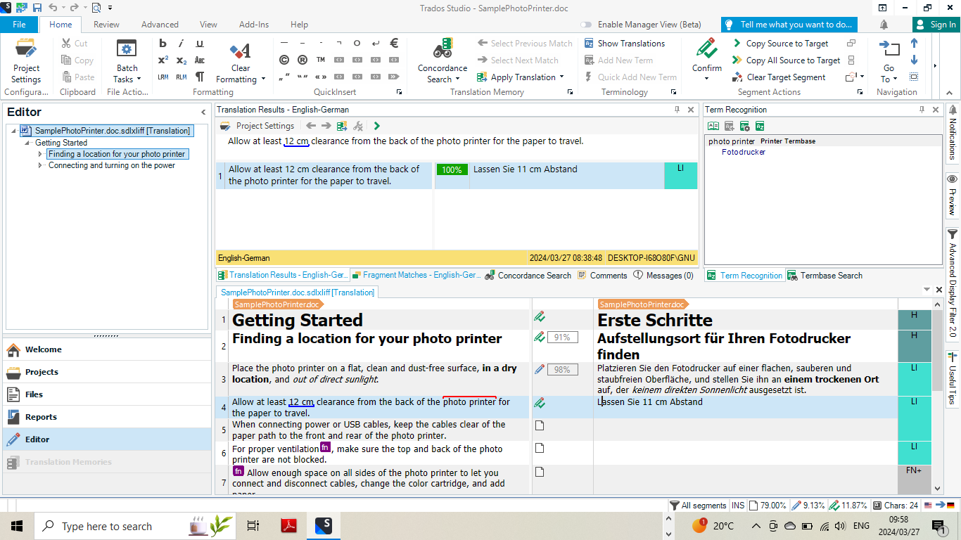 Screenshot of Trados Studio interface showing segment 1 with a 100% match but no green CM block, and segment 4 with a 91% match but no error symbol.