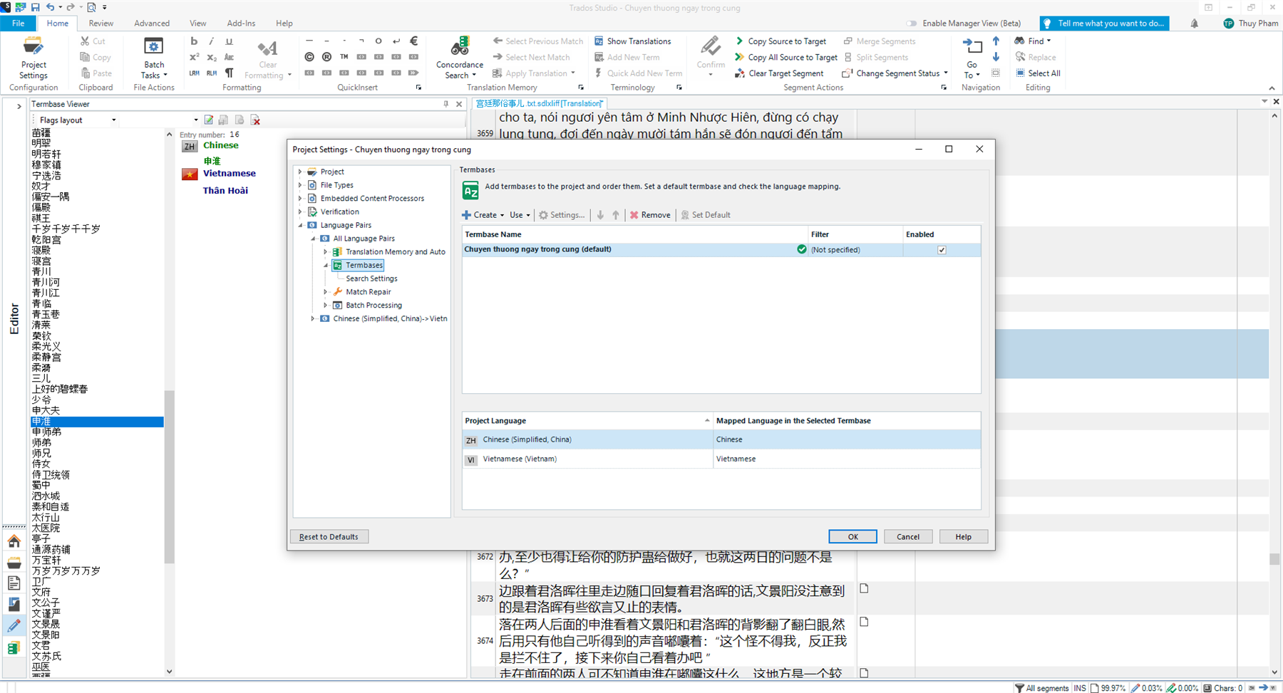 Screenshot of Trados Studio 2022 Project Settings window with Termbases section open, showing 'Chuyen thuong ngay trong cung' termbase enabled.