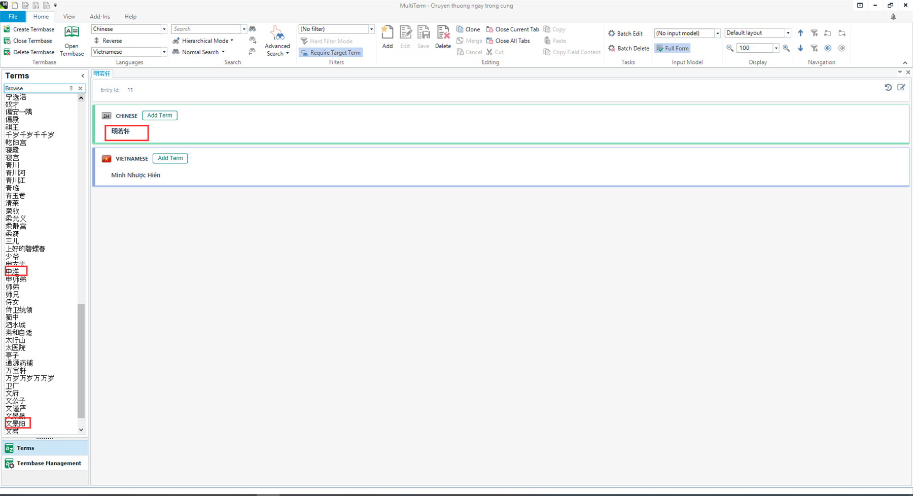 Screenshot of MultiTerm 2022 Desktop with a termbase open, displaying Chinese and Vietnamese terms with no visible errors.