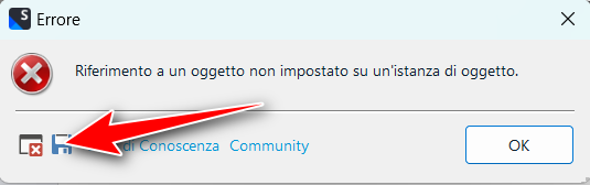 Error dialog box in Trados Studio with a red cross symbol, Italian text 'Riferimento a un oggetto non impostato su un'istanza di oggetto', and an 'OK' button.