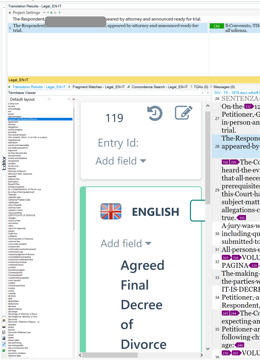 Screenshot of Trados Studio showing skewed view with a large entry for 'Agreed Final Decree of Divorce' and a small list in the Termbase Viewer. The English flag is visible, indicating the language setting.