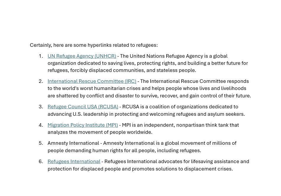 Screenshot of a Word document with a list of hyperlinks related to refugee organizations, each hyperlink is labeled with the organization's name.