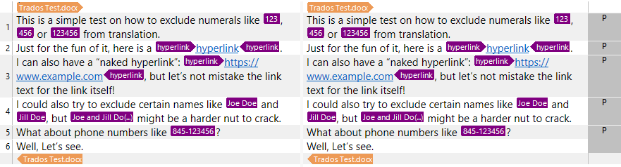 Screenshot of Trados Studio interface highlighting text segments with numerals, hyperlinks, and names excluded from translation.