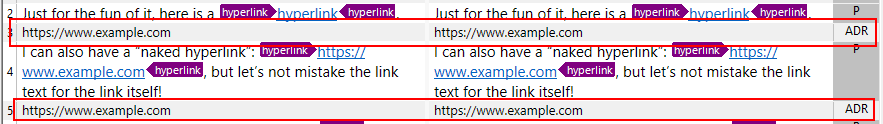 Screenshot of Trados Studio interface showing a 'naked hyperlink' excluded from translation and marked with 'ADR' indicating address recognition.