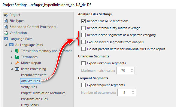 Trados Studio Project Settings window highlighting the option to exclude locked segments from analysis.