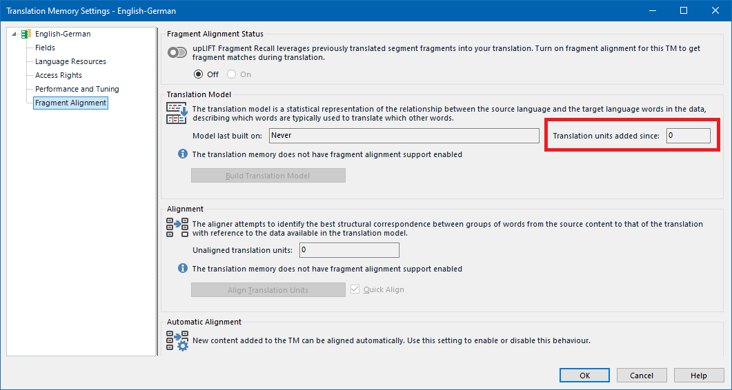 Trados Studio Translation Memory Settings window showing English-German language pair. Fragment Alignment Status is on. Translation Model section indicates model was never built and lacks fragment alignment support. Alignment section shows zero unaligned translation units.