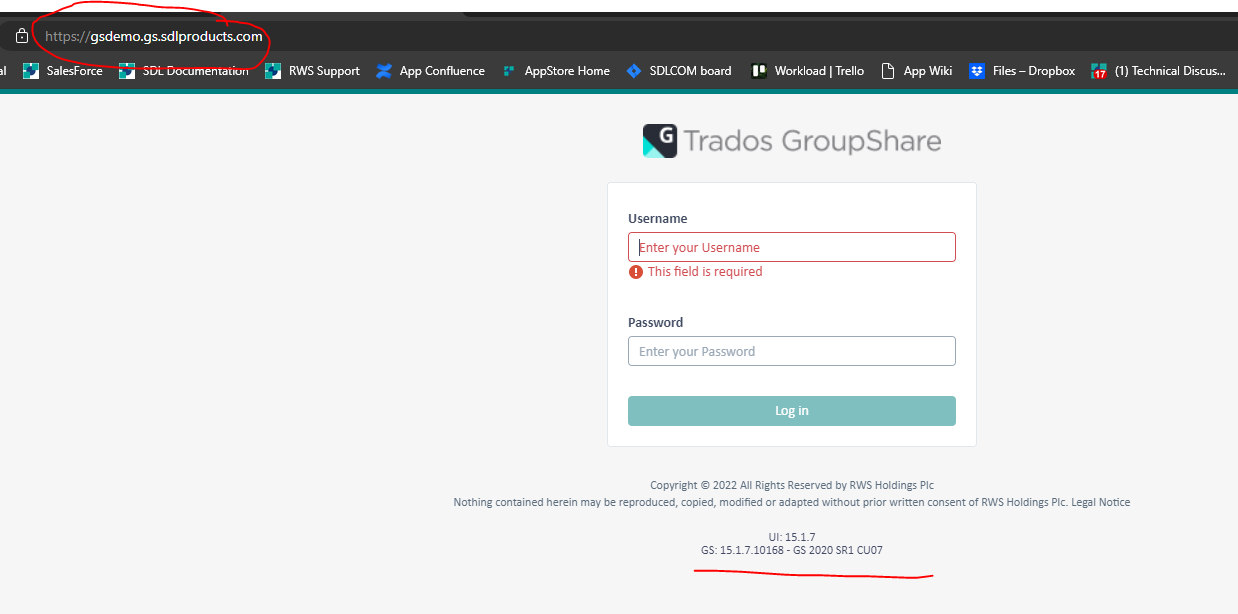 Trados GroupShare login page with an error message indicating 'This field is required' under the Username input field. The URL 'gsdemo.gs.sdlproducts.com' is highlighted in the browser.