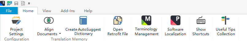 Screenshot of Trados Studio showing top menu options: File, Home, View, Add-Ins, Help. Below are icons for Project Settings, Align Documents, Create AutoSuggest Dictionary, Open Retrofit File, Terminology Management, Software Localization, Show Shortcuts, Useful Tips Collection.