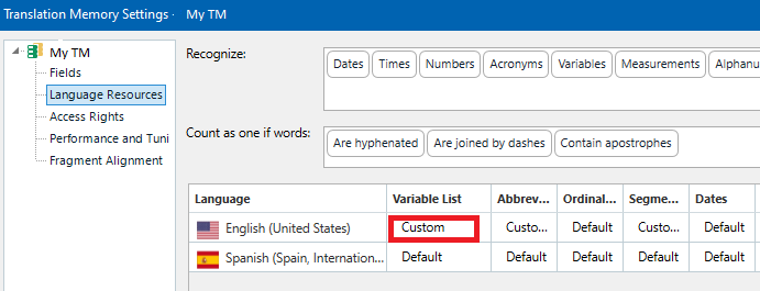 Translation Memory Settings window in Trados Studio showing 'My TM' with 'Language Resources' selected. English (United States) has 'Custom' selected under Variable List.