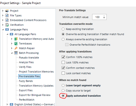 Trados Studio Project Settings window showing Pre-Translate Settings with 'Apply automated translation' option unchecked, indicating it is not enabled.