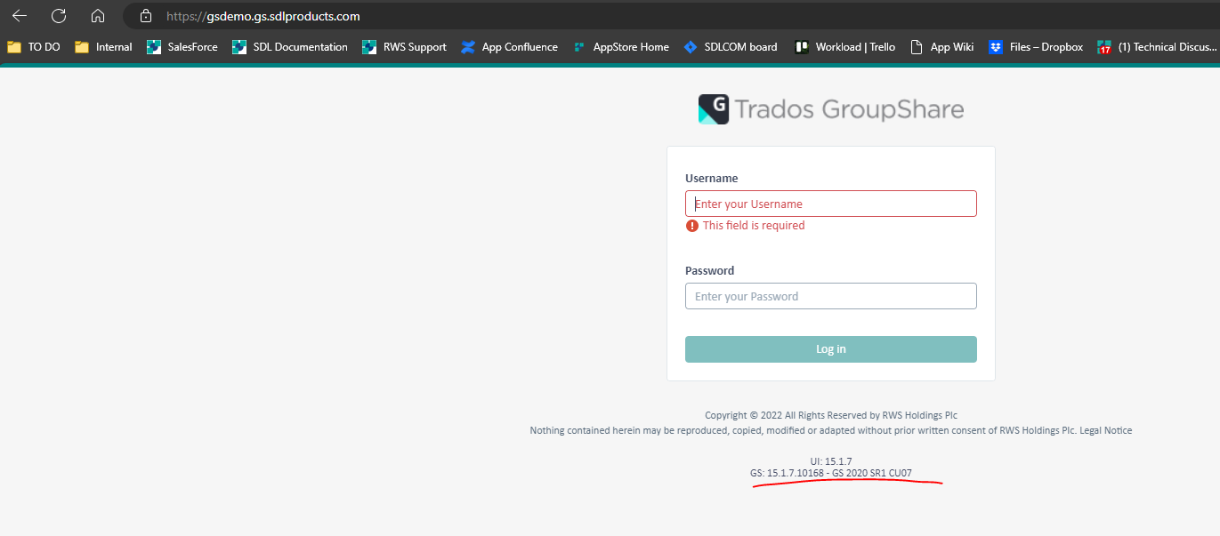 Trados GroupShare login page with an error message indicating 'This field is required' for the Username input field. The version number GS: 15.1.7.10168 - GS 2020 SR1 CU07 is visible at the bottom.
