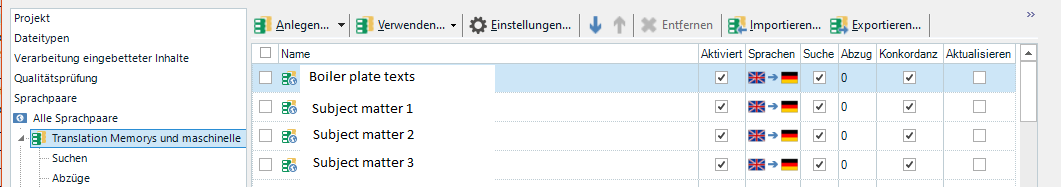 Trados Studio project settings window displaying all Translation Memories including 'Boiler plate texts', 'Subject matter 1', 'Subject matter 2', and 'Subject matter 3' as enabled.