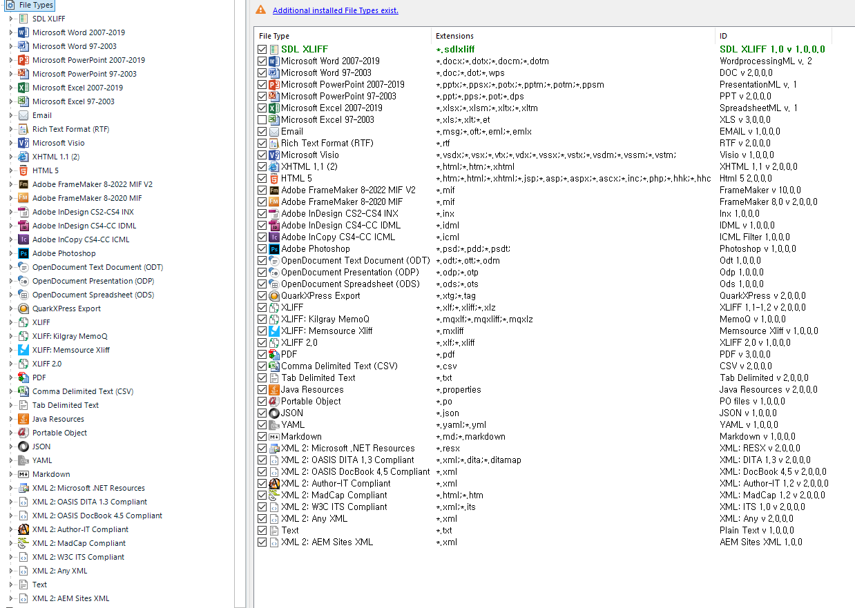 Screenshot of Trados Studio file types settings showing a list of file formats with checkboxes. Bilingual format type is missing from the list.
