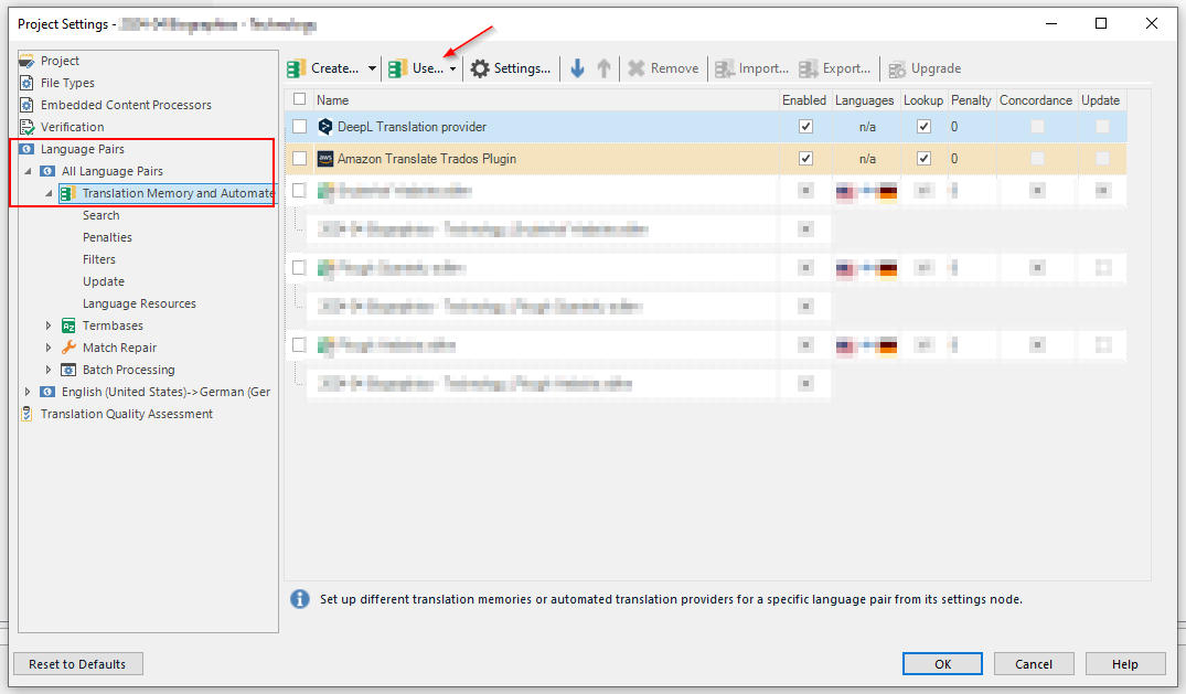 Trados Studio Project Settings window showing Translation Memory and Automated Translation settings with DeepL and Amazon Translate plugins enabled.