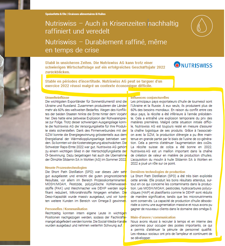 Screenshot of a bilingual document in Trados Studio with German and French text. The German text is highlighted for analysis.
