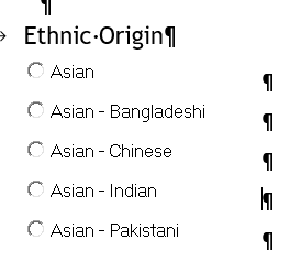Screenshot showing a .docx file with a questionnaire and radio buttons for ethnic origin options such as Asian, Asian - Bangladeshi, Asian - Chinese, Asian - Indian, and Asian - Pakistani.