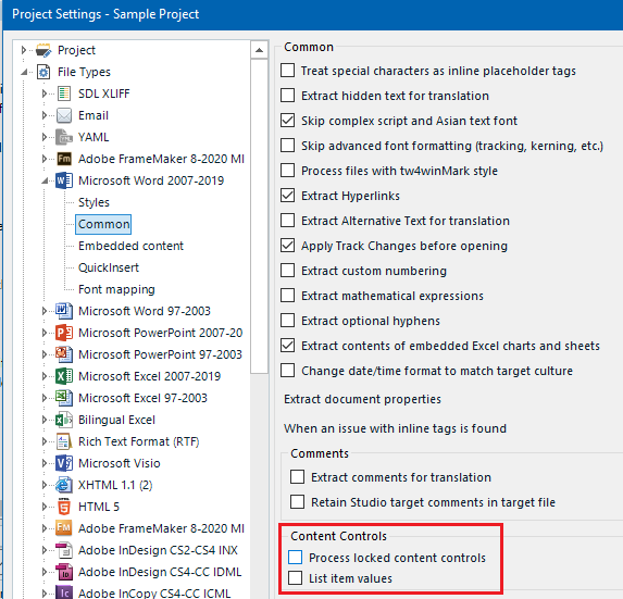 Trados Studio Project Settings window showing 'Common' options under 'File Types' with two checkboxes 'Process locked content controls' and 'List item values' highlighted in red.