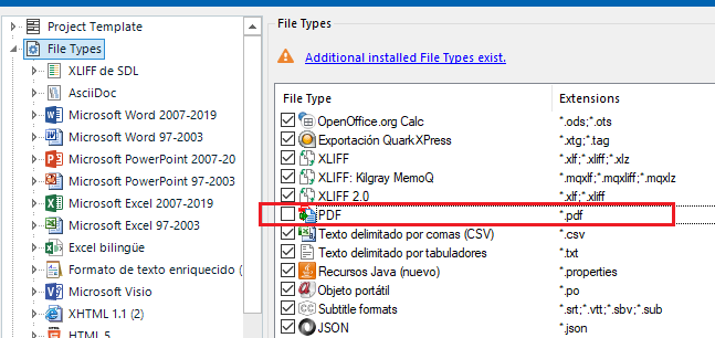 Trados Studio screenshot showing Project Template window with File Types list. PDF file type is unchecked indicating it is deselected.