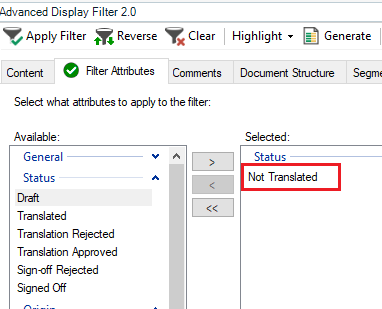 Trados Studio Advanced Display Filter showing 'Not Translated' selected under Status attribute.