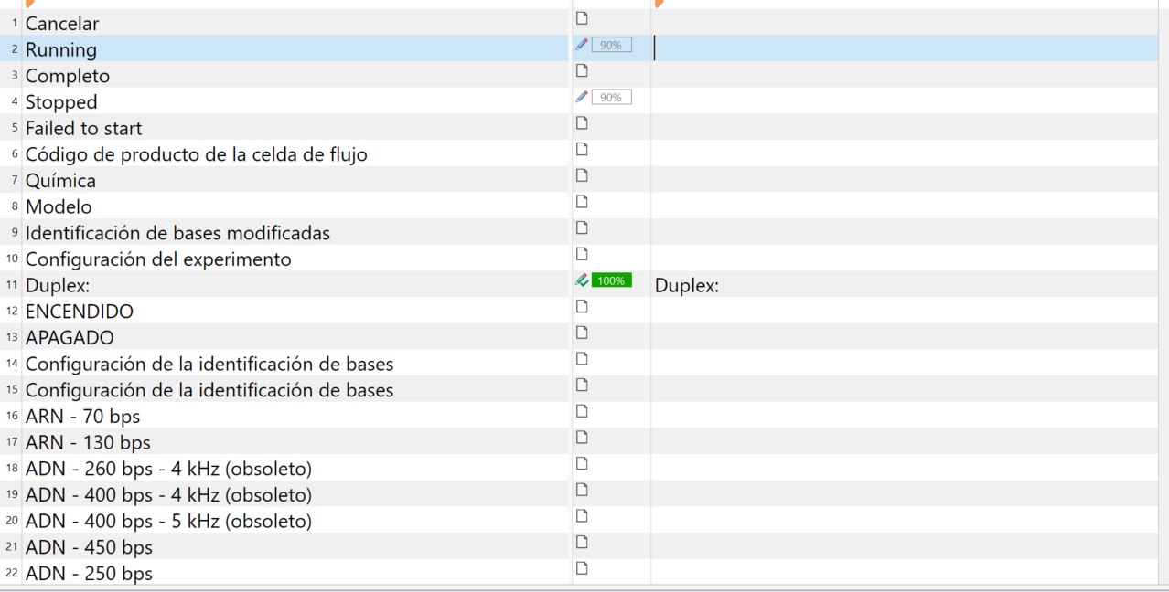 Screenshot of Trados Studio interface showing a list of segments with mixed Spanish and English text. Some segments are marked as 90% and 100% complete.