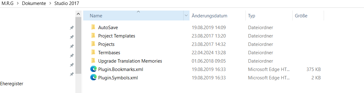 Screenshot displaying folders and files within Trados Studio 2017 directory, including 'AutoSave', 'Project Templates', 'Projects', 'Termbases', and 'Upgrade Translation Memories'. Two XML plugin files are also shown.