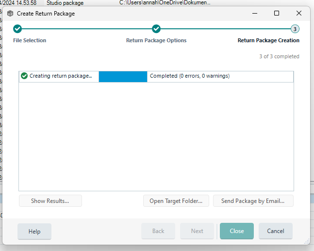 Trados Studio screenshot showing a stuck progress bar with the message 'Creating return package...' despite indicating 'Completed (0 errors, 0 warnings)' in the Return Package Creation tab.