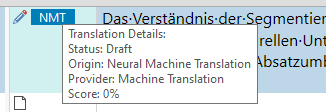 Trados Studio screenshot showing NMT translation details with a score of 0%.