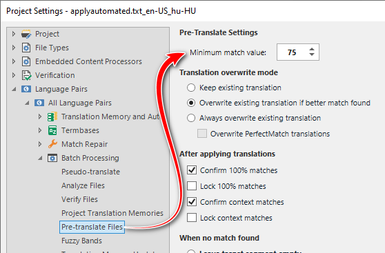 Trados Studio pre-translate settings with minimum match value set to 75, also highlighted by a red arrow.