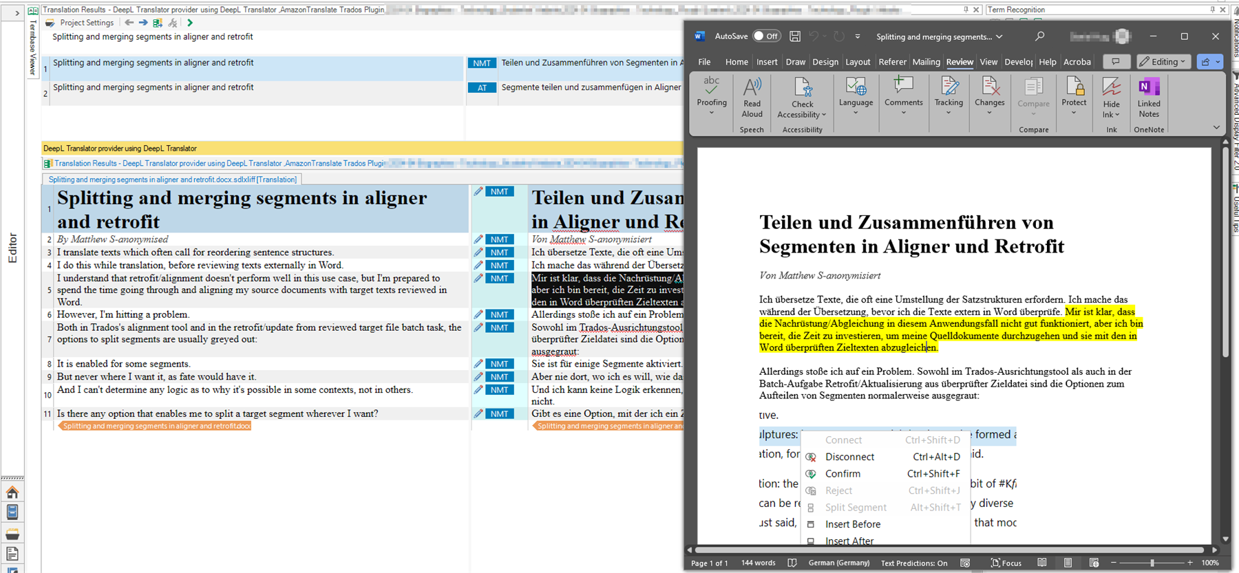 Screenshot of Trados Studio interface showing a forum post by Matthew S-anonymised discussing segmentation issues in alignment and retrofit, with a side-by-side comparison of English and German text segments.