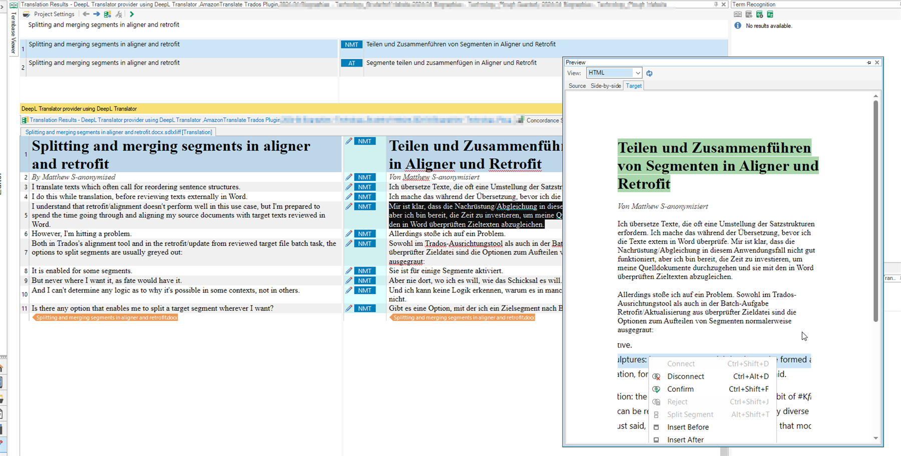 Screenshot of Trados Studio with a focus on the translation results pane, displaying a forum post about splitting and merging segments in aligner and retrofit, alongside a preview pane showing the same text in German.