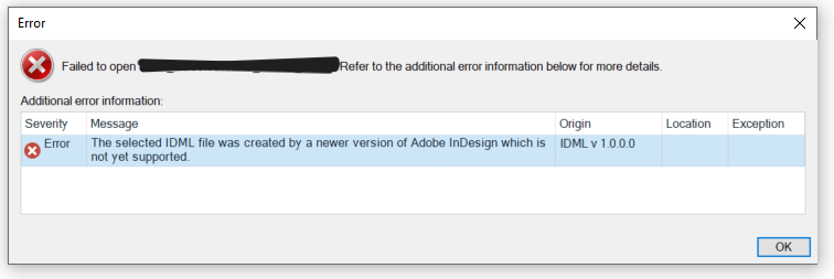Error dialog box in Trados Studio showing 'Failed to open' with a message stating the selected IDML file was created by a newer version of Adobe InDesign which is not yet supported.