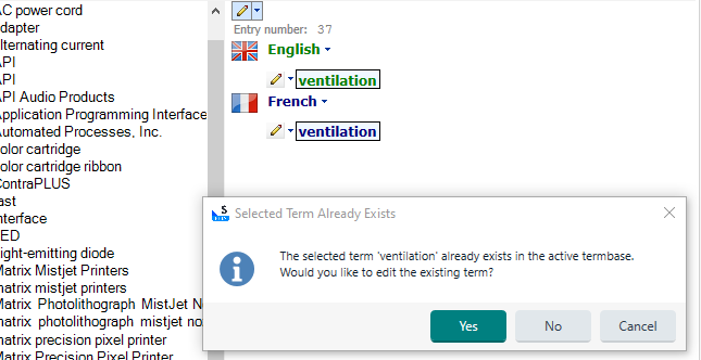 Screenshot showing a popup message in Trados Studio indicating that the selected term 'ventilation' already exists in the active termbase with options to edit the existing term.
