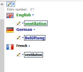 Screenshot of Trados Studio termbase entry number 37 showing English term 'ventilation', German term 'Beluftung', and French term 'ventilation'.