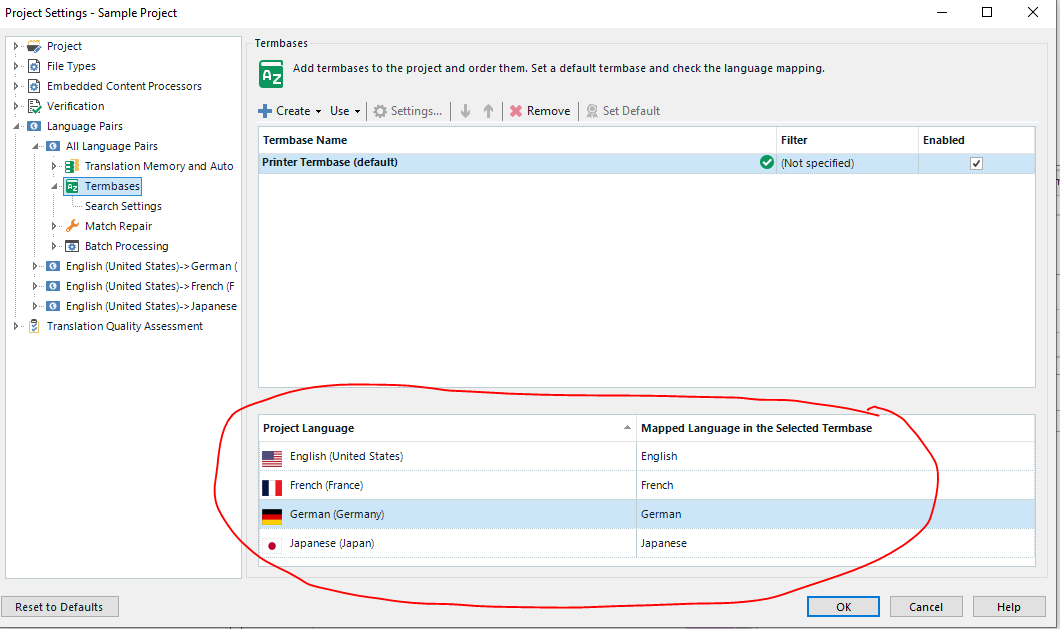 Screenshot of Trados Studio Project Settings with Termbases section highlighted, showing language mapping for English, French, German, and Japanese correctly set.