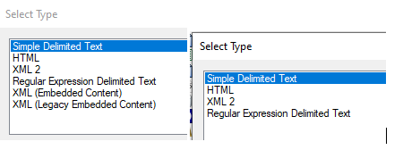Comparison of file type options in Trados Studio 2021 on the left, showing Simple Delimited Text, HTML, XML 2, Regular Expression Delimited Text, XML (Embedded Content), and XML (Legacy Embedded Content); and Trados Studio 2022 on the right, showing a shorter list with Simple Delimited Text, HTML, XML 2, and Regular Expression Delimited Text.