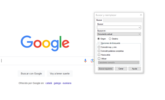 Screenshot showing Trados Studio's Find and Replace dialog box overlapping a Google search page, indicating it stays on top of other applications.