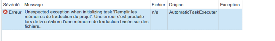 Error message in Trados Studio stating 'Unexpected exception when initializing task 'Populate project translation memories'. An error occurred during the creation of a translation memory based on files.'