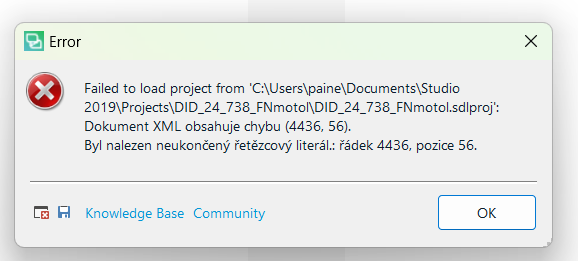 Error message in Trados Studio indicating a failed project load due to an incomplete chain literal at line 4436, position 56 in an XML document.