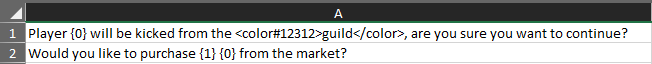 Excel spreadsheet showing two rows of text with placeholder tags and color formatting tags within the sentences.