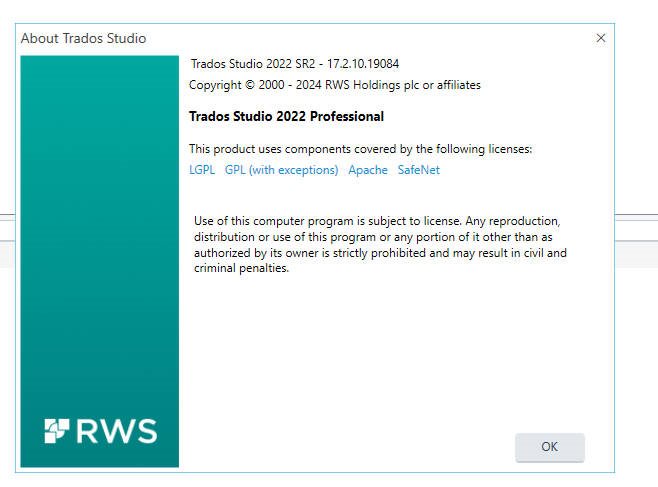 About Trados Studio dialog box showing Trados Studio 2022 SR2 - 17.2.10.19084 version information and copyright notice.