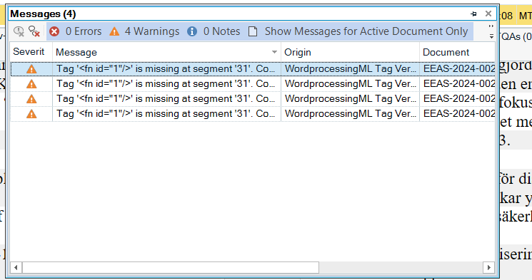 Screenshot of Trados Studio Messages window showing 0 Errors, 4 Warnings, and 0 Notes. All warnings indicate a missing tag 'fin id=1' at segment '31'.