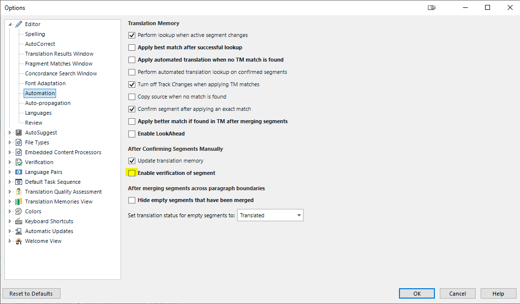 Screenshot of Trados Studio Options menu with Verification settings. 'Enable verification of segment' option is checked.
