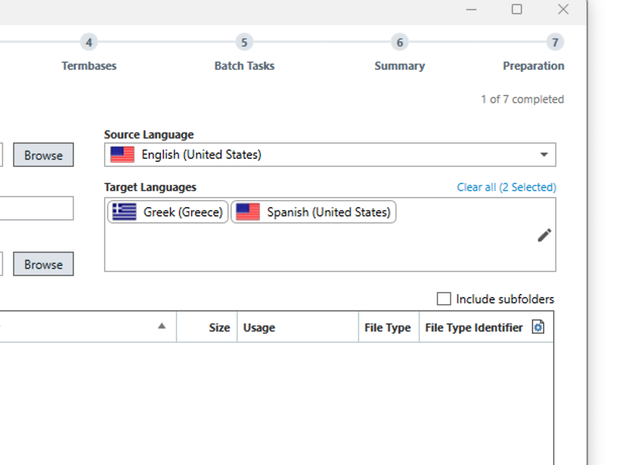 Trados Studio project setup window showing English (United States) as the source language and Greek (Greece) and Spanish (United States) as selected target languages.