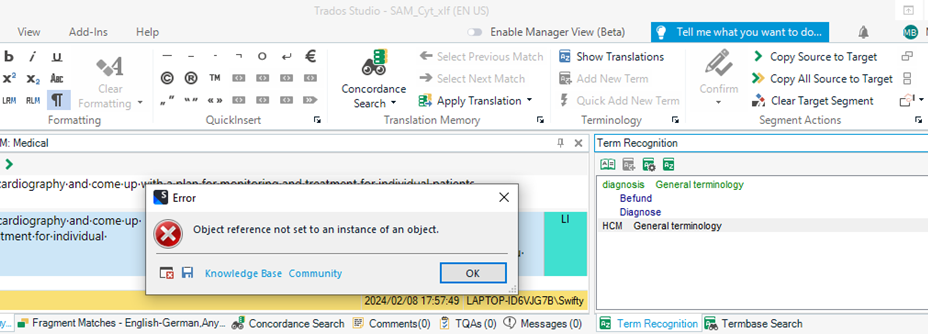 Screenshot of Trados Studio with an error dialog box open, displaying the message 'Object reference not set to an instance of an object.' The error timestamp is 20240208 17:57:49.