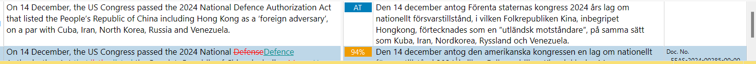 Screenshot of Trados Studio translation results window showing a segment with English source text and Swedish target text. A machine translation suggestion is highlighted with a 94% match.