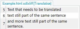 Screenshot of Trados Studio editor showing segmented text for translation with lines 5, 6, and 7 separated.
