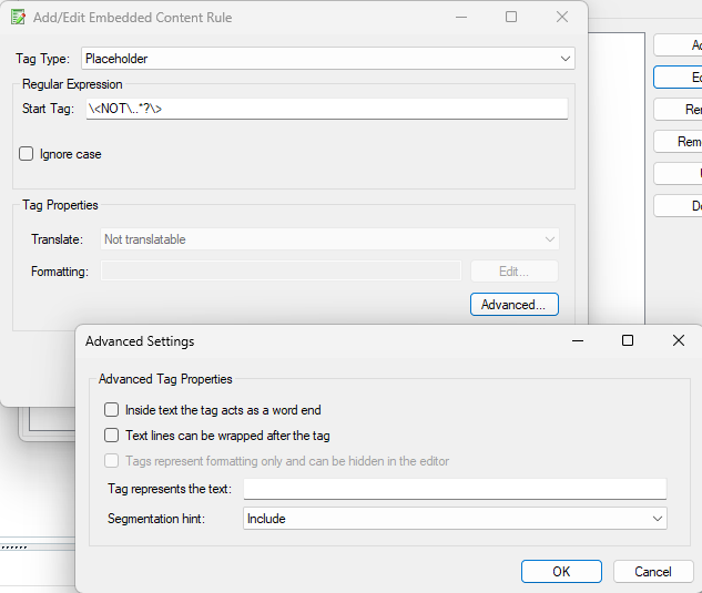 Trados Studio dialog box for adding or editing an embedded content rule with a regular expression for a placeholder tag.