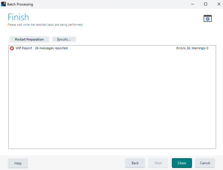 Screenshot of Trados Studio's Batch Processing window with 'Finish' message, showing 'WIP Report 26 messages reported' and 'Errors: 26, Warnings: 0'.