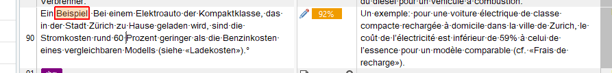 Screenshot of Trados Studio with the same segment now highlighted in green, indicating a 92% TM match.